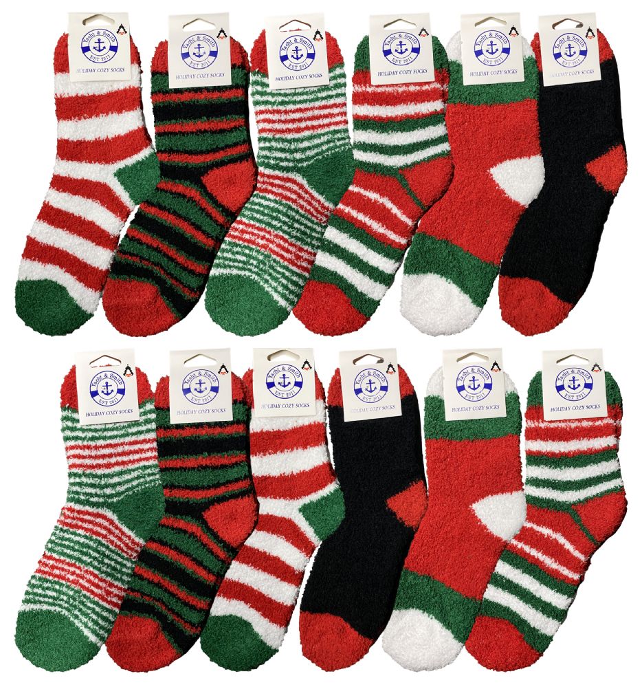 12 Wholesale Christmas Fuzzy Socks, Fun Colorful Festive, Holiday Theme Socks Womens Size 9-11 