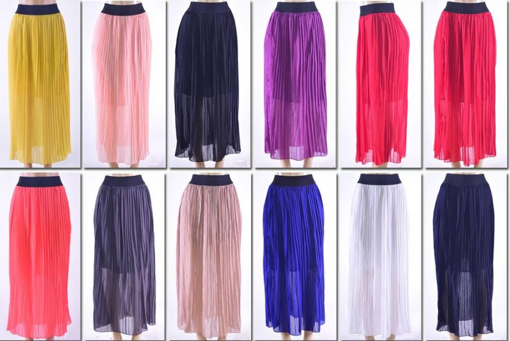 72 Wholesale Women S Pleated Solid Color Maxi Skirt At