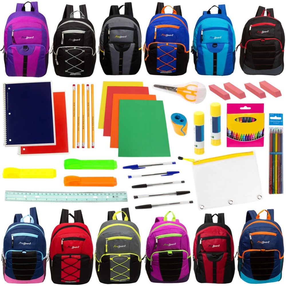 18 Wholesale 17" Assorted Bulk Backpacks With 52 Piece School Supply