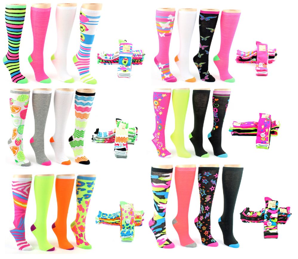 24 Wholesale Women's Knee High Novelty Socks Assorted Neon Prints